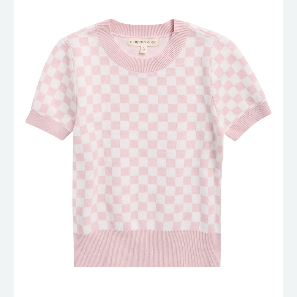 Pink and White Checkered Short Sleeve Sweater girls 10/12